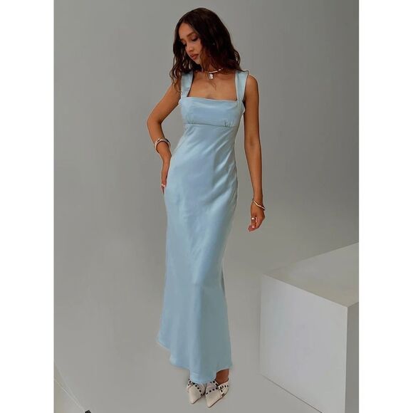Satin Light Blue Sleeveless Maxi Dress - Picture 1 of 6
